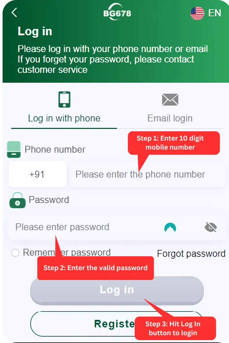 BG 678 GAME Login Instruction